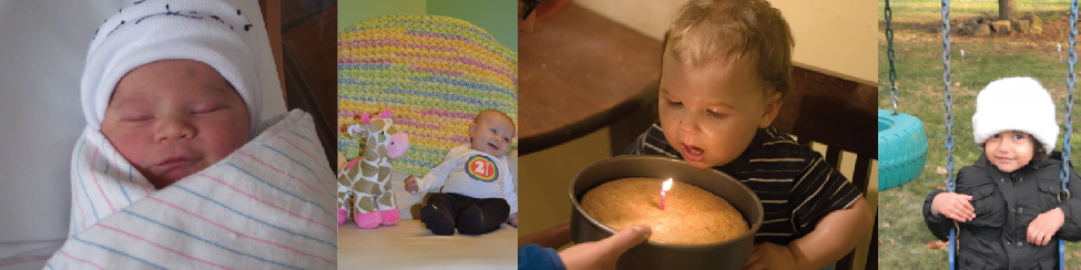 Un collage de cuatro fotografías que representan a bebés. En el extremo izquierdo hay un recién nacido dormido y arropado. A continuación, una foto de un niño pequeño junto a una jirafa de juguete. A continuación, un bebé soplando una sola vela en una tarta de cumpleaños. Luego un niño en un columpio.