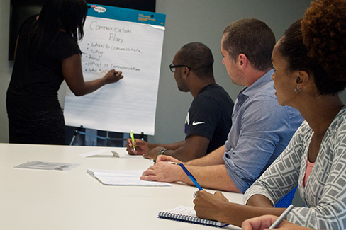 A photograph shows several people sitting at a table and writing on notepads, as a person in the front of the room writes on a large piece of paper.