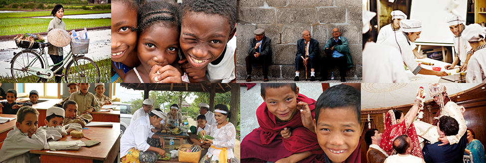 A photo collage composed of eight photographs arranged in two parallel rows of four. These photos show people from many different nations. From the top-left-hand-side, the photos are as follows: a person with a bicycle standing in a rice paddy, three children, three elderly people sitting along a rock wall, four cooks standing around a table, a classroom of students, a group of people seated at a covered outdoor table, two children wearing robes, and two people being held up by other people during a wedding ceremony.